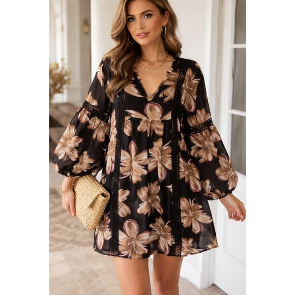 entro Dresses & Skirts - Entro Women's Black/Brown Floral Print Mini Dress Size Large Embroidered